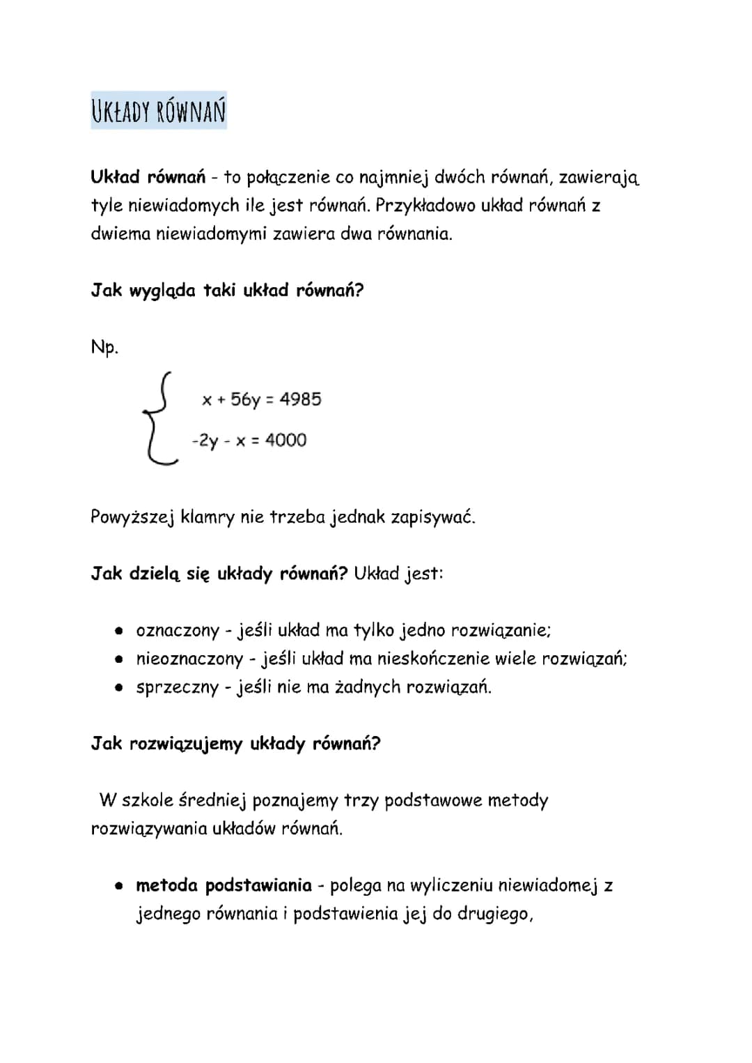 Układy równań - rozwiązywanie metodą przeciwnych współczynników i podstawiania