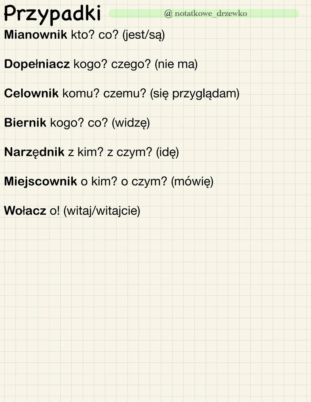 Przypadki
Mianownik kto? co? (jest/są)
Dopełniacz kogo? czego? (nie ma)
Celownik komu? czemu? (się przyglądam)
Biernik kogo? co? (widzę)
Nar