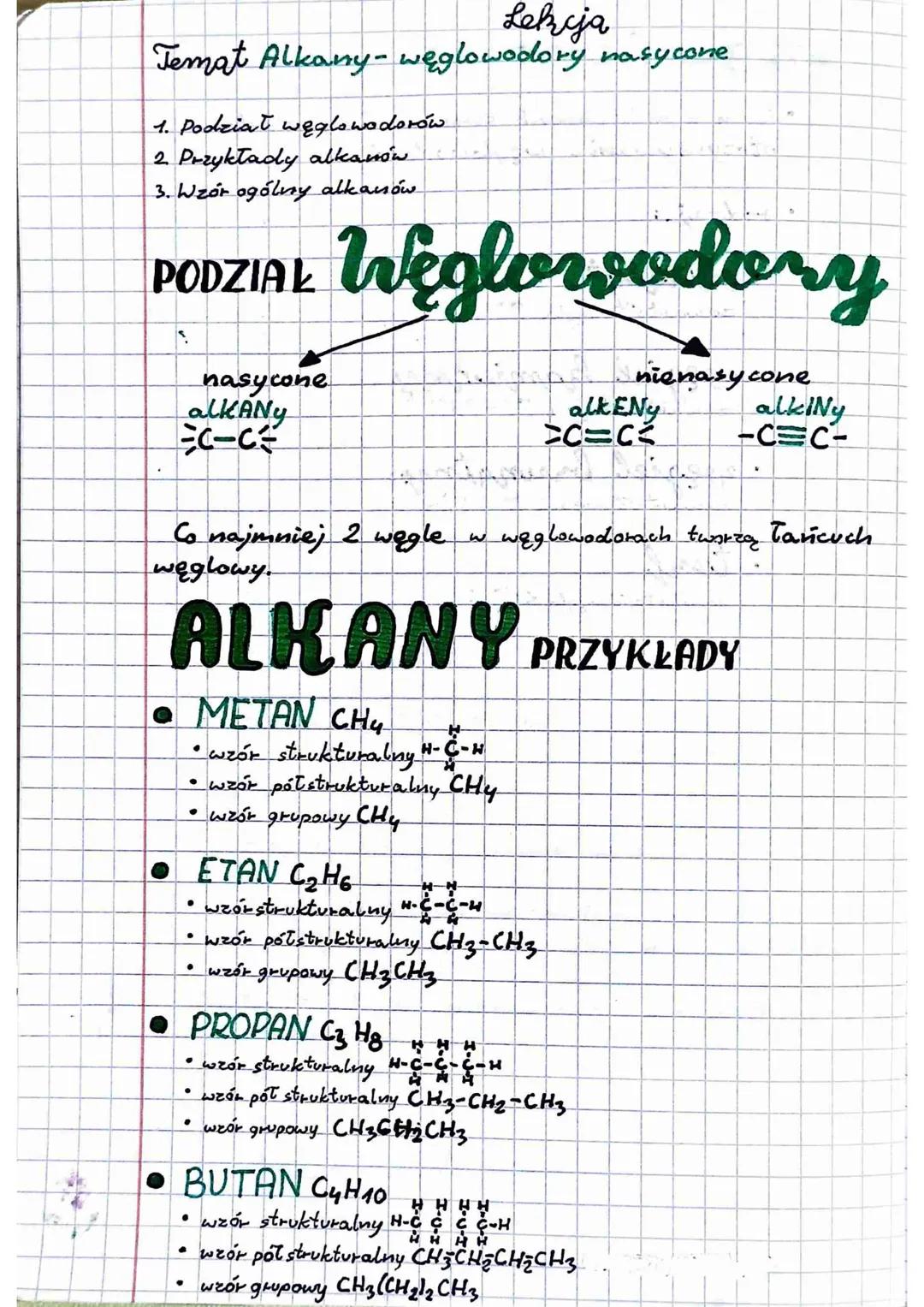 Temat Alkany-węglowodory nasycone
1. Podział węglowodorów
2. Przykłady alkanów
3. Wzór ogólny alkanów
PODZIAŁ
S
alKANY
C-C
Co najmniej 2 weg