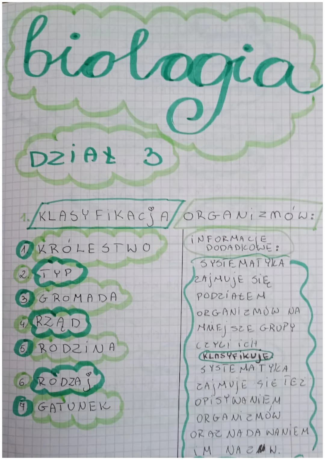 biologia
DZIAL 3
1. KLASYFIKACJA ORGANIZMÓW
KROLESTWO
2 TYP
3 GROMADA
RZAD
RODZINA
6. RODZA
GATUNEK
INFORMACE
DODADKOWE:
SYSTEMATYKA
ZAJMUJE