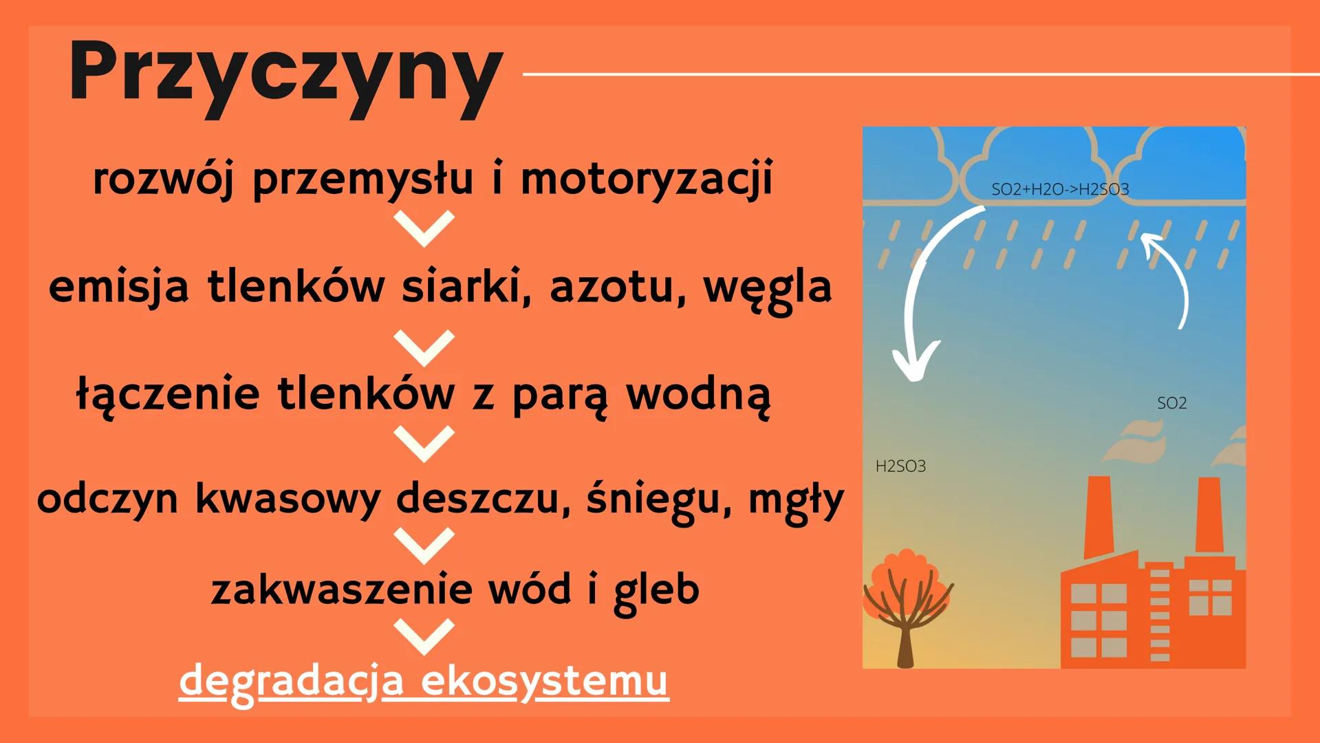 Kwaśne
opady Przyczyny
rozwój przemysłu i motoryzacji
emisja tlenków siarki, azotu, węgla
łączenie tlenków z parą wodną
odczyn kwasowy deszc