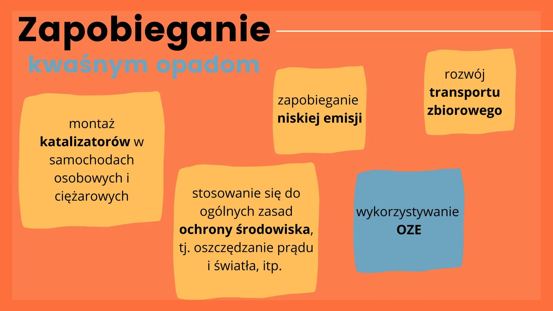 Kwaśne
opady Przyczyny
rozwój przemysłu i motoryzacji
emisja tlenków siarki, azotu, węgla
łączenie tlenków z parą wodną
odczyn kwasowy deszc