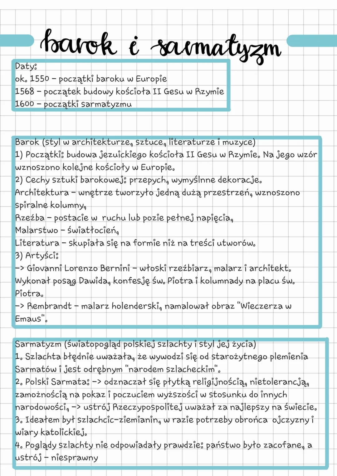 barok i sarmatyzm
Daty:
ok. 1550- początki baroku w Europie
1568- początek budowy kościoła II Gesu w Rzymie
1600 - początki sarmatyzmu
Barok