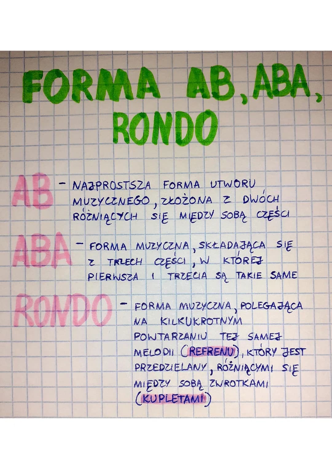 FORMA AB, ABA,
RONDO
-
NAJPROSTSZA FORMA UTWORU
MUZYCZNEGO, ZŁOŻONA Z DWÓCH
ROZNIĄCYCH SIE MIEDZY SOBĄ CZĘŚCI
-
FORMA MUZYCZNA, SKŁADAJĄCA S