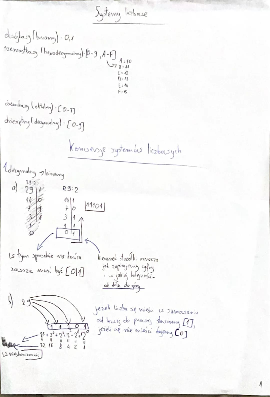 diójkazy (bmany) - 0,1
zemastkay (hexadecymalny) 0-9, A-F] A=40
78=11
C = 42
D=13
ósenikasy (oktalny)-[0-7]
dziesiętny [desymalny)-[0-9]
1. 