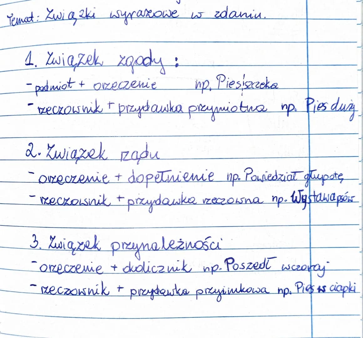 1
Temat: Związki wyrazowe w zdaniu.
1. Związek zgody:
-podmiot + orzeczenie
up. Piesiszczeka
-zeczownik + przydawka przymiotna np. Pies duży