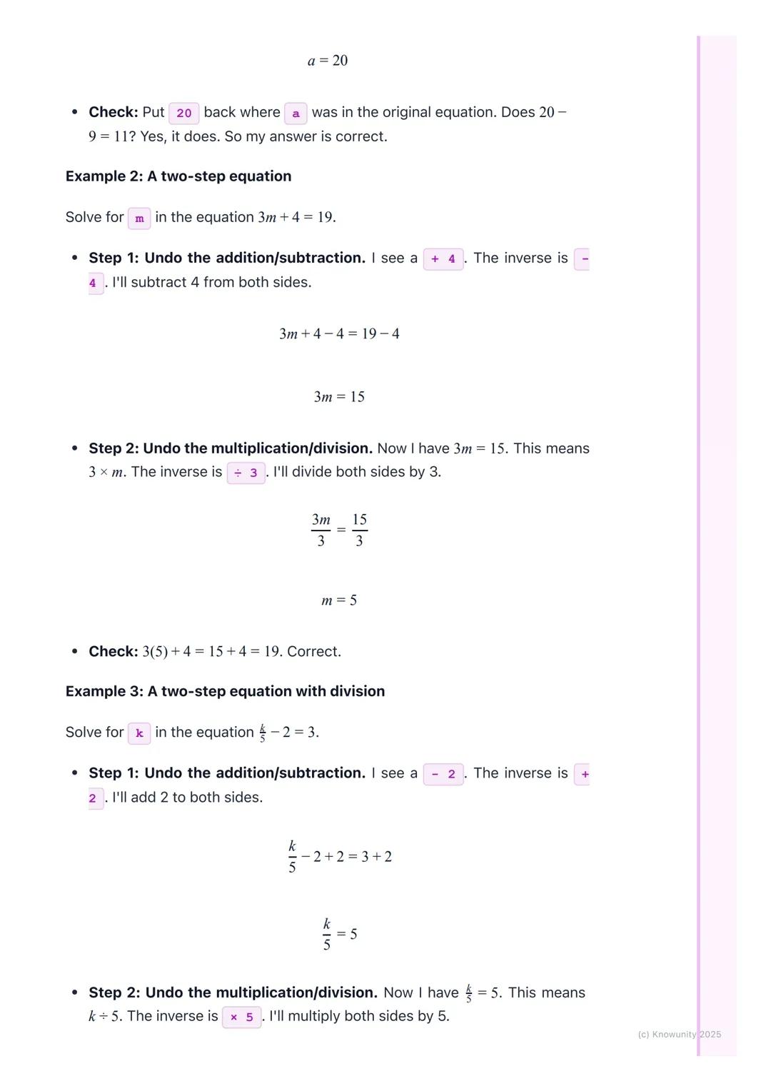# Solving Equations

## What it's all about

Solving an equation is like being a detective. We have to find the value of a
mystery number, w