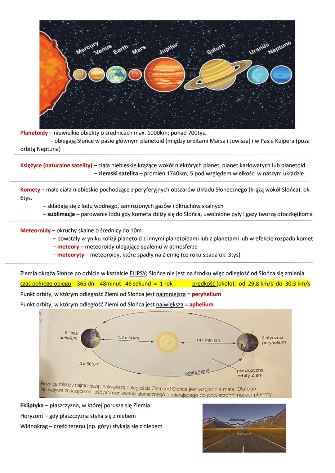 Teoria geocentryczna - Słońce i inne ciała niebieskie krążą wokół Ziemi; uważano
tak do XVI wieku
Teoria heliocentryczna - Ziemia i inne pla