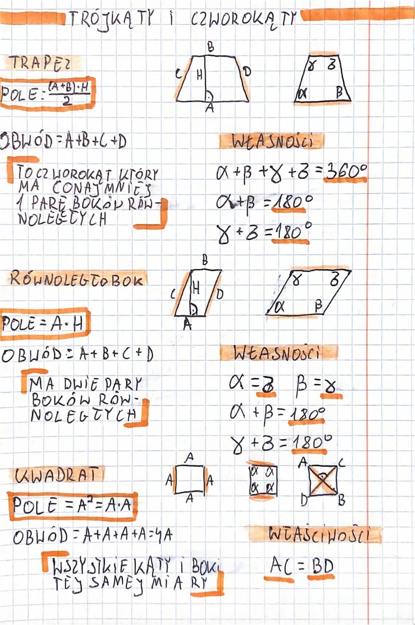 of
AK
BBB
A
A Au
TRÓJKĄTY I CZWOROKĄTY
a+B+y=180°
A =R
B = t
A₁B₁C = BOK!
PRZYSTAWANIE TRÓJKĄTÓW
BKB
A+B+C =OBWÓD
P=A₂H
2
D
F
B = E
α = B
A
