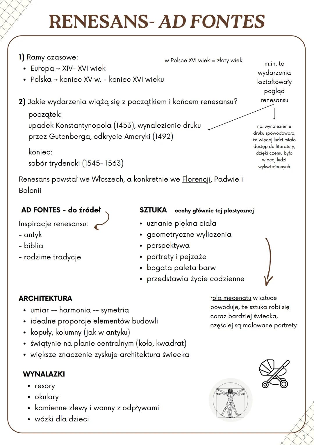 # RENESANS- AD FONTES

1) Ramy czasowe:
- Europa - XIV-XVI wiek
- Polska → koniec XV w. - koniec XVI wieku
w Polsce XVI wiek = złoty wiek

2