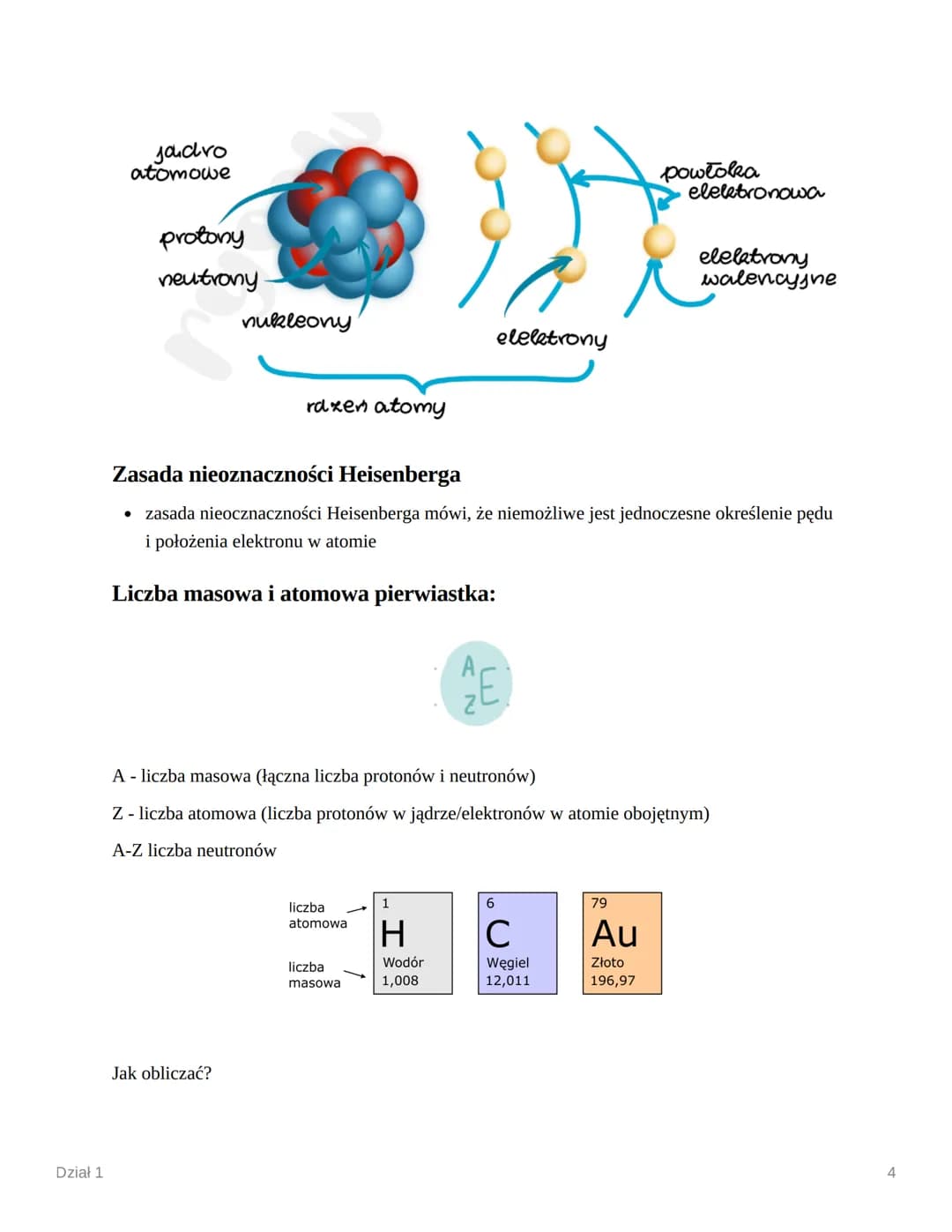 Dział 1
Dział 1
Atom - najmniejsza jednostka budowy pierwiastka, który jest zbudowany
Z:
▼nukleonów zlokalizowanych w jądrze atomowym
1. pro