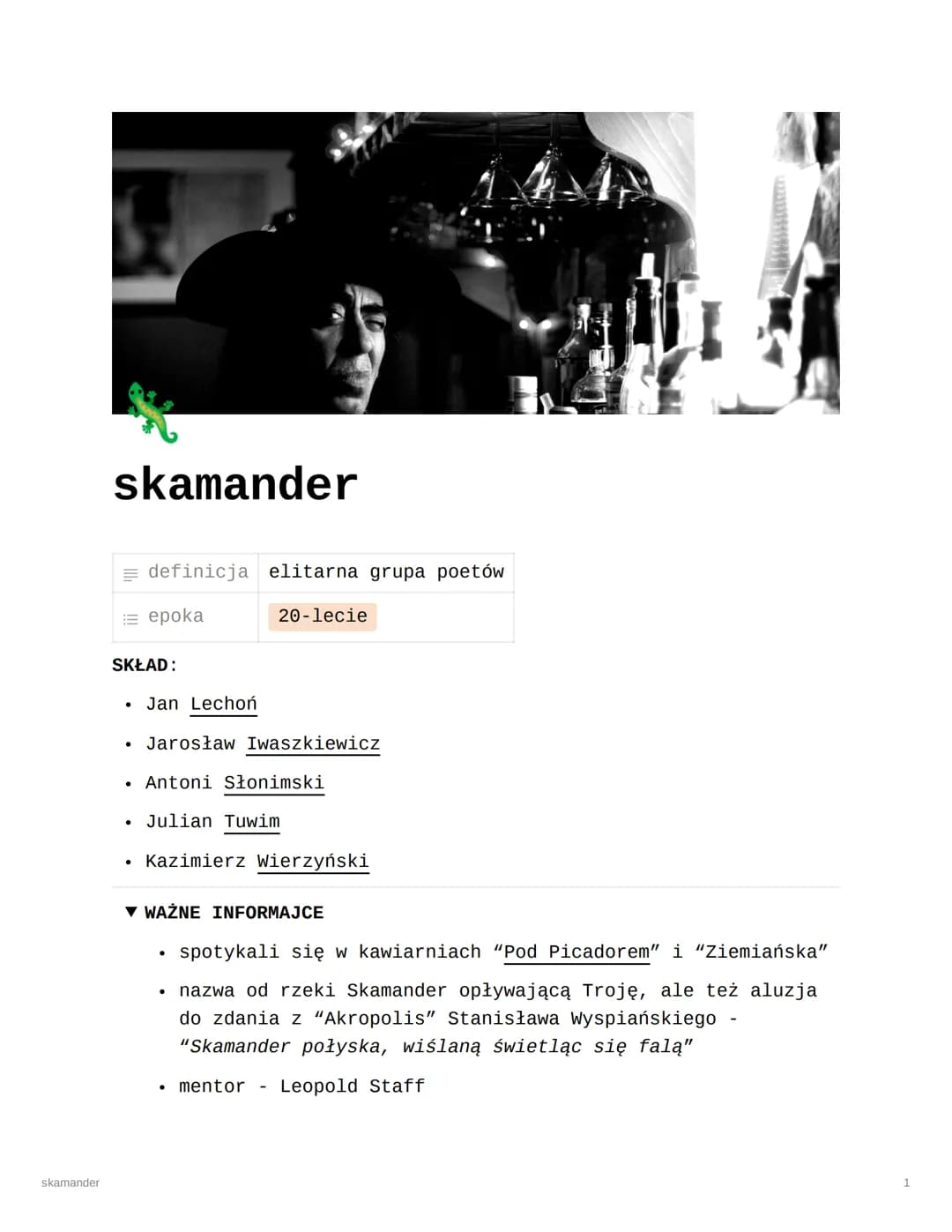 skamander
skamander
=definicja elitarna grupa poetów
epoka
20-lecie
SKŁAD:
Jan Lechoń
• Jarosław Iwaszkiewicz
. Antoni Słonimski
Julian Tuwi