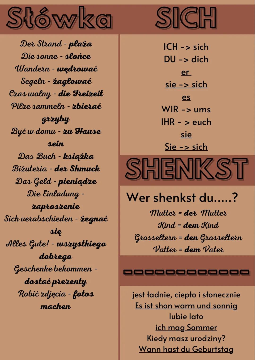 Słówka
Der Strand-plaża
Die sonne - slońce
Wandern - wędrować
Segeln - żaglować
Czas wolny - die Freizeit
Pilze sammeln - zbierać
grzyby
Być