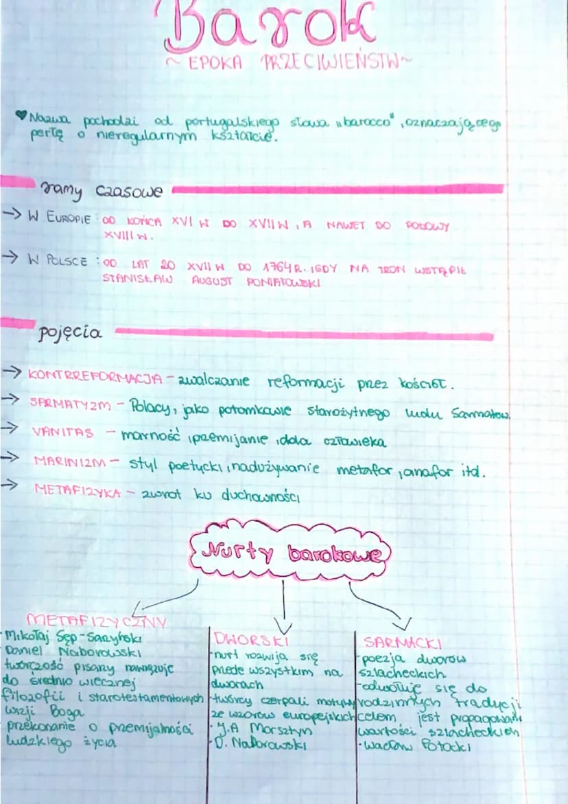 Barok
EPOKA PRZECIWIEŃSTW
Nazwa pochoolai od portugalskiego stowa wbarocco", oznaczająceg
pertę o nieregularnym ksztarcie.
ramy czasowe
->W 