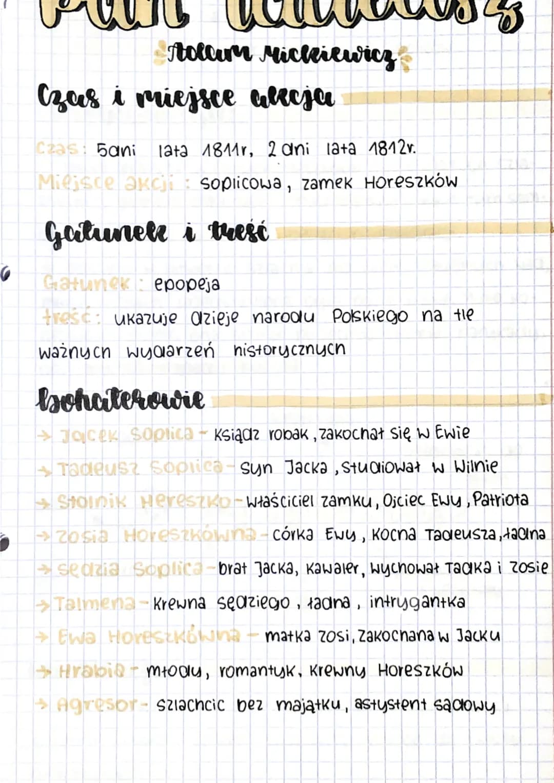 6
Aolaum Mickiewicz
Czas i miejsce alecja
Czas: 5ani lata 1811r, 2 ani la+a 1812v.
Miejsce akcji: soplicowa, zamek Horeszków
Gatunek i treść