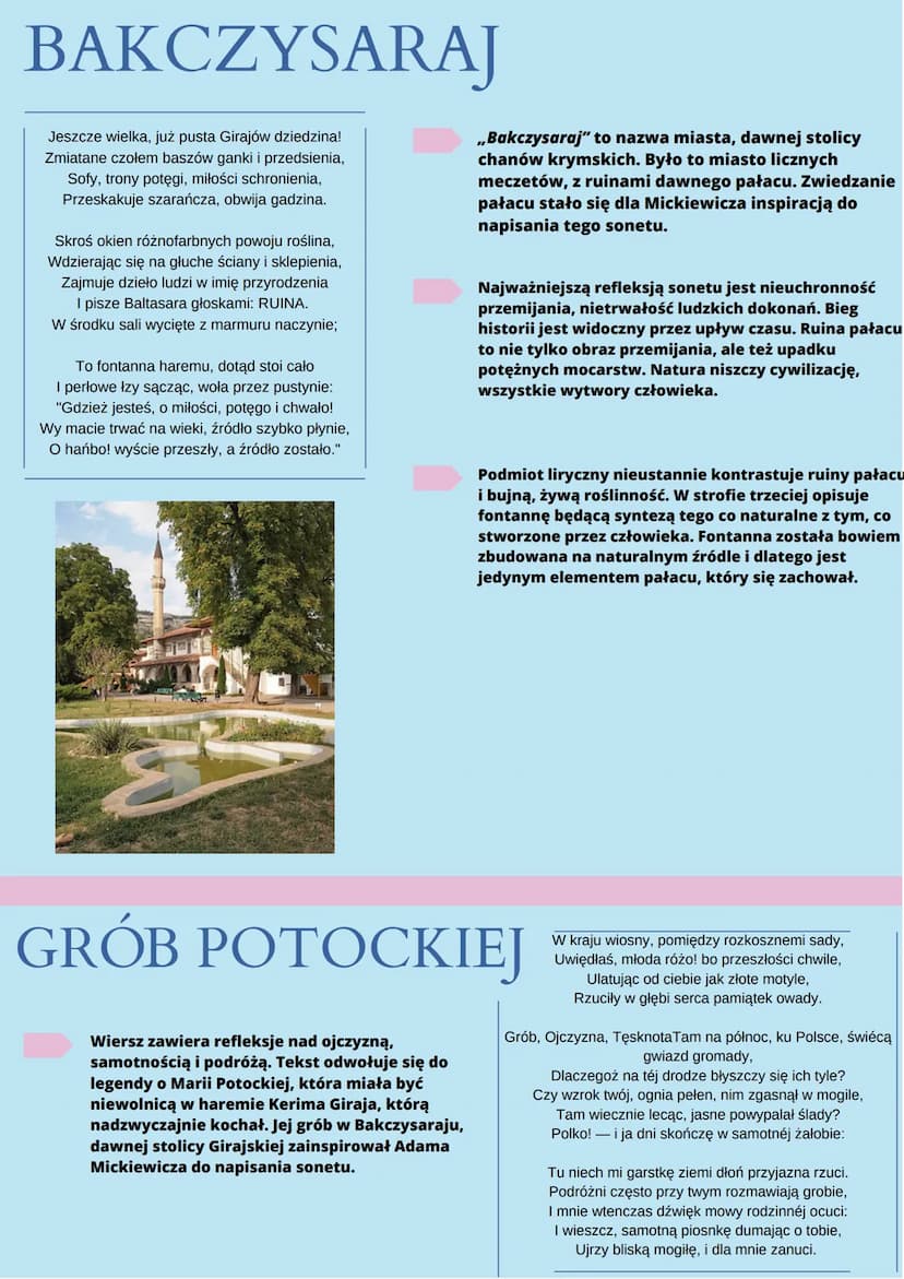 SONETY
KRYMSKIE
SONET - utwór liryczny zbudowany z z 14 wersów zgrupowanych w dwóch strofach
czterowersowych (charakter narracyjny lub opiso