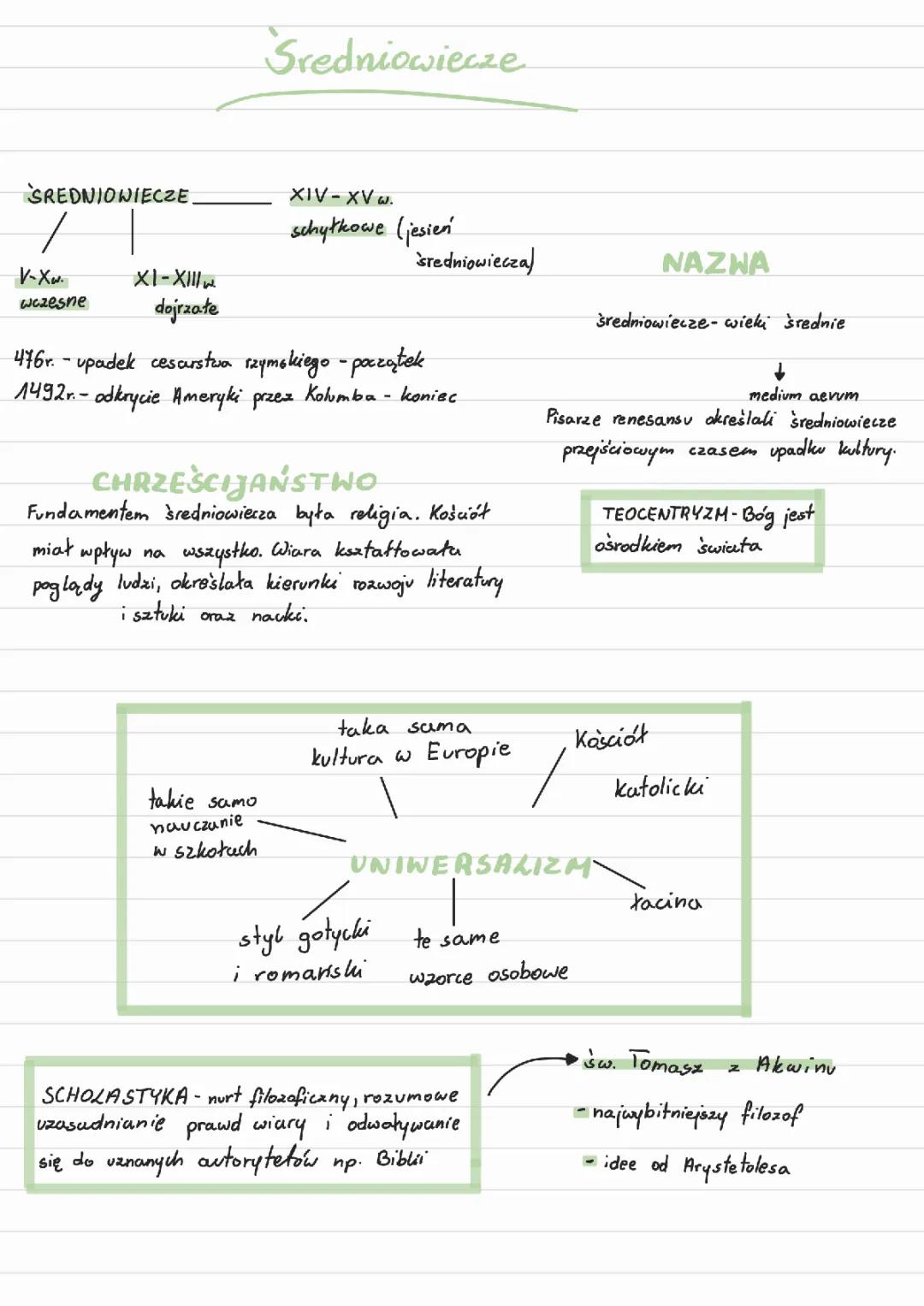 Notatka o średniowieczu - Język polski klasa 5, liceum i matury