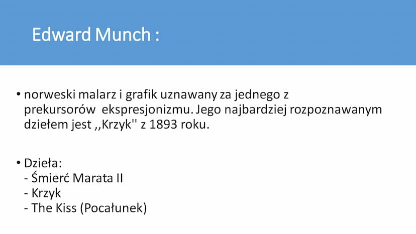 EKSPRESJONIZM Co to jest?
-
Jest to z (łac. expressio – „wyraz, wyrażenie”) – kierunek artystyczny
w kulturze europejskiej i amerykańskiej p