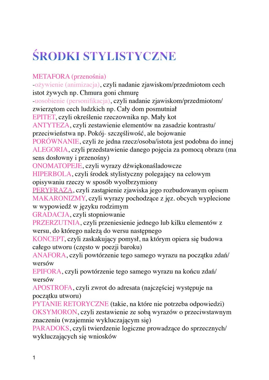 ŚRODKI STYLISTYCZNE
METAFORA (przenośnia)
-ożywienie (animizacja), czyli nadanie zjawiskom/przedmiotom cech
istot żywych np. Chmura goni chm