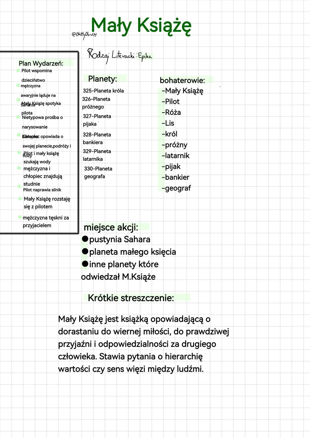 Plan Wydarzeń:
Pilot wspomina
dzieciństwo
mężczyzna
awaryjnie ląduje na
Asiążę spotyka
... Mały Książę
Rodzaj Literacki: Epika
Planety:
325-