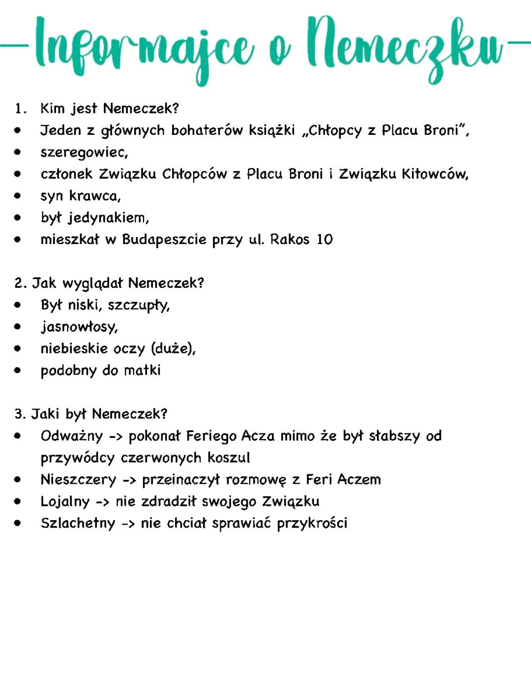 Nemeczek Charakterystyka - Chłopcy z Placu Broni