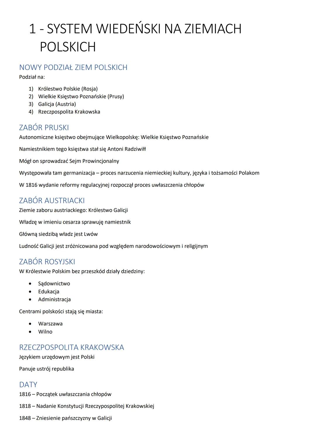 # 1 - SYSTEM WIEDEŃSKI NA ZIEMIACH
POLSKICH

NOWY PODZIAŁ ZIEM POLSKICH
Podział na:
1) Królestwo Polskie (Rosja)
2) Wielkie Księstwo Poznańs