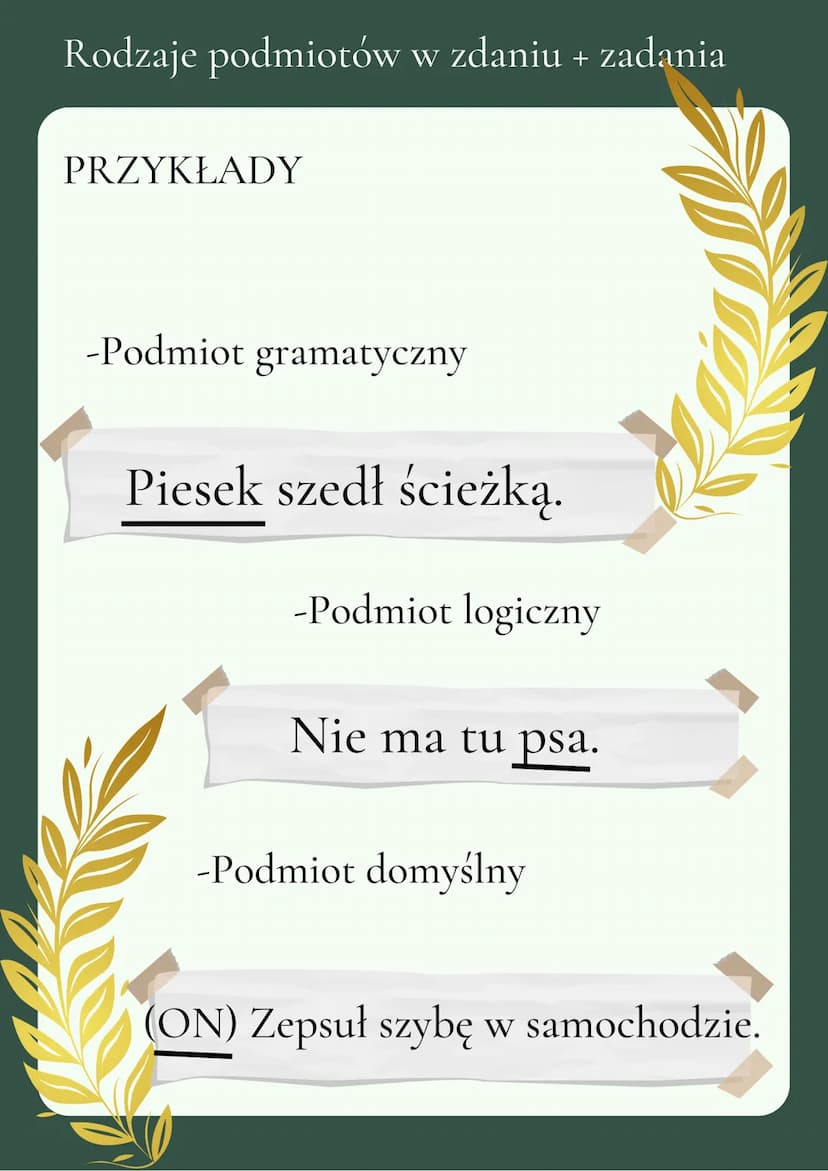 Rodzaje podmiotów w zdaniu + zadania
Istnieją trzy rodzaje podmiotów w
zdaniu:
-Podmiot gramatyczny
Wyrażony zaimkiem, bądź także
rzeczownik
