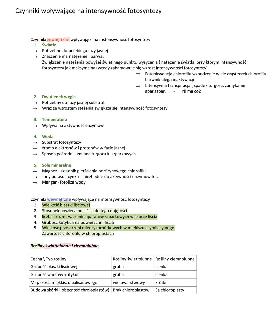Czynniki wpływające na intensywność fotosyntezy
Czynniki zewnętrzne wpływające na instensywność fotosyntezy
1. Światło
Potrzebne do przebieg