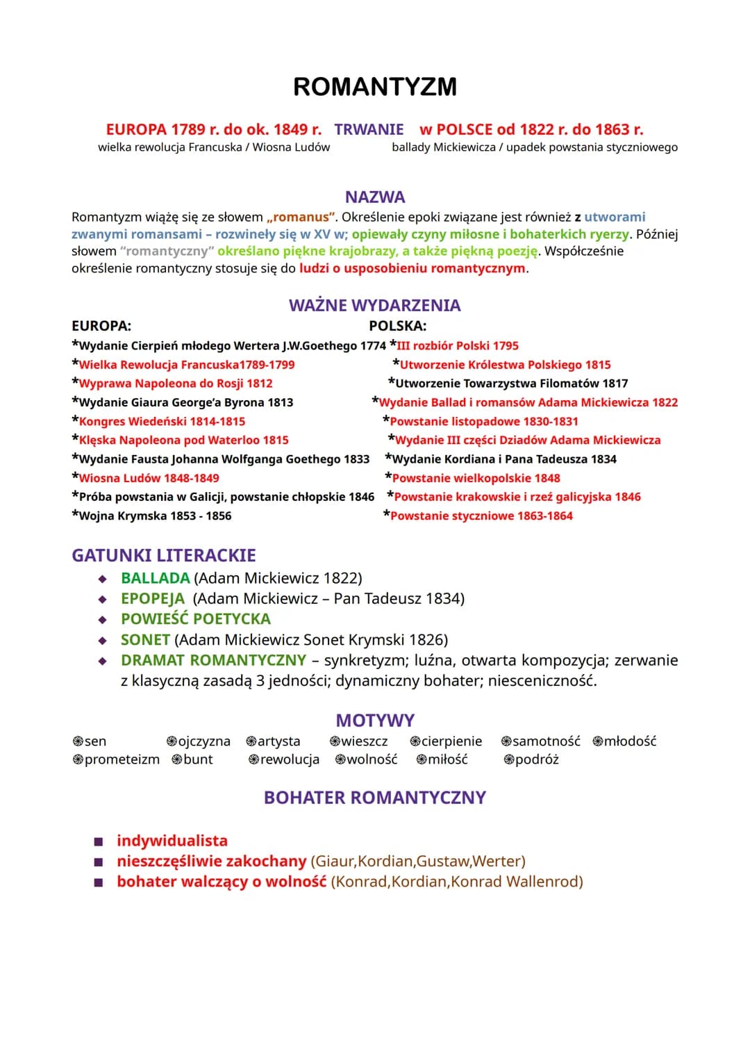 ROMANTYZM
EUROPA 1789 r. do ok. 1849 r. TRWANIE W POLSCE od 1822 r. do 1863 r.
wielka rewolucja Francuska / Wiosna Ludów
ballady Mickiewicza