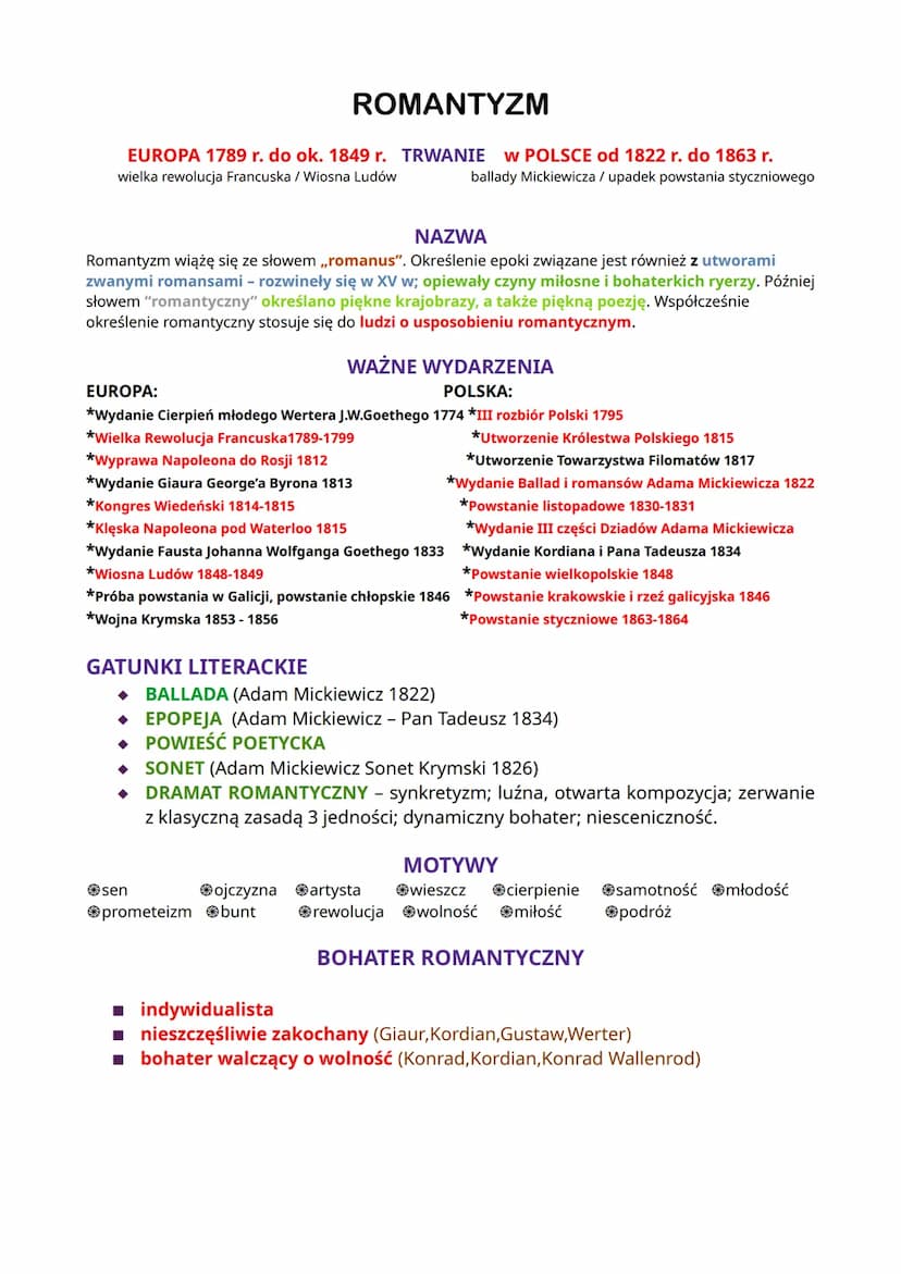ROMANTYZM
EUROPA 1789 r. do ok. 1849 r. TRWANIE W POLSCE od 1822 r. do 1863 r.
wielka rewolucja Francuska / Wiosna Ludów
ballady Mickiewicza