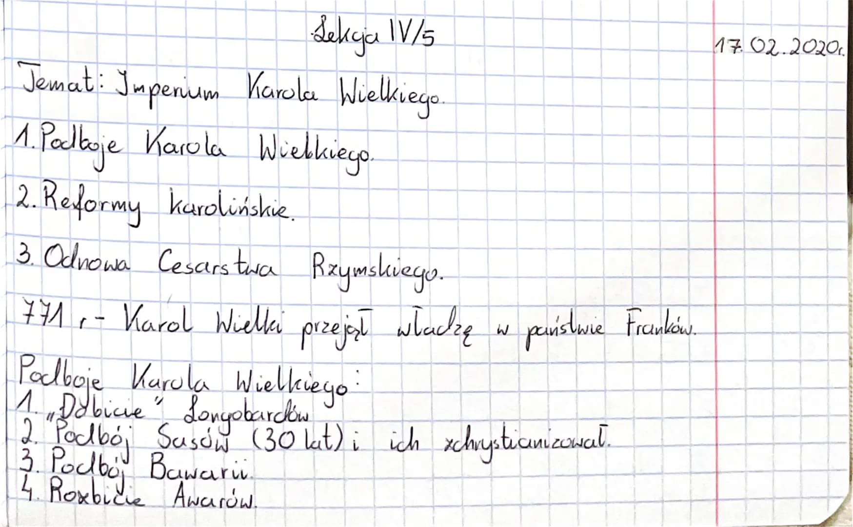 Lekcja IV/5
Jemat: Imperium Karola Wielkiego
1. Podkoje Karola Wielkiego.
2. Reformy karolińskie.
3. Odnowa Cesarstwa Rzymskiego.
771
Podboj