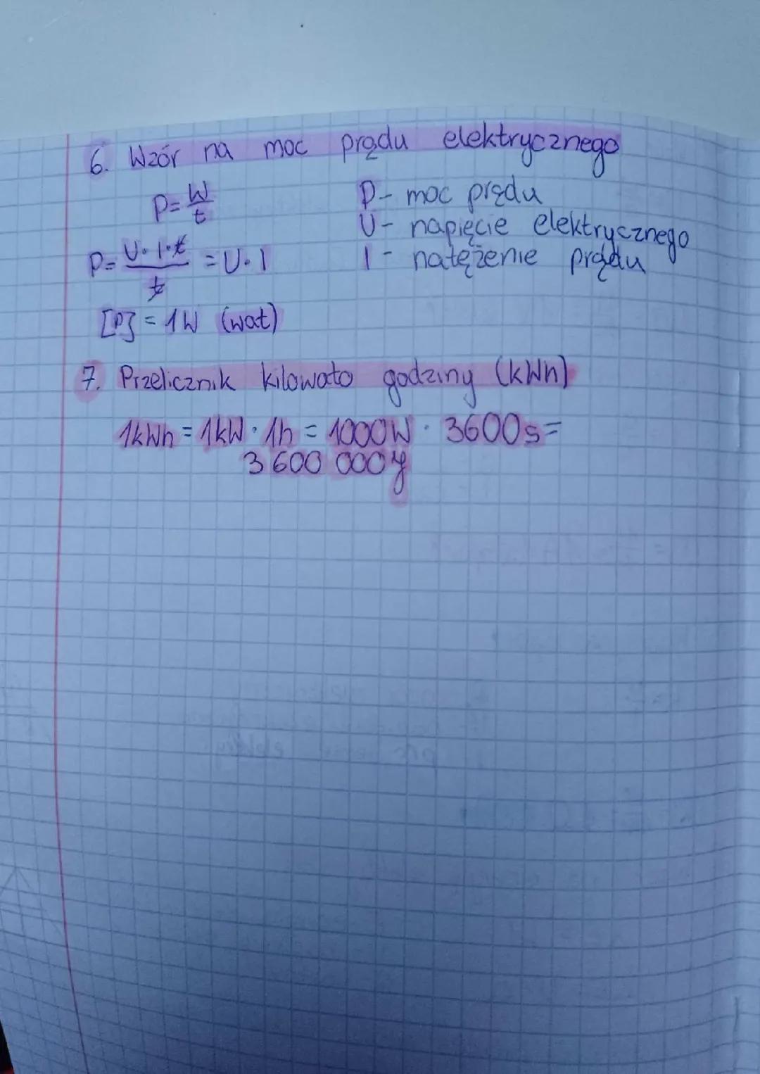 wzory na napięcie, natężenie, opór, energię elektryczną, pracę energii elektrycznej, moc prądu elektrycznego i przelicznik kilowato godziny 