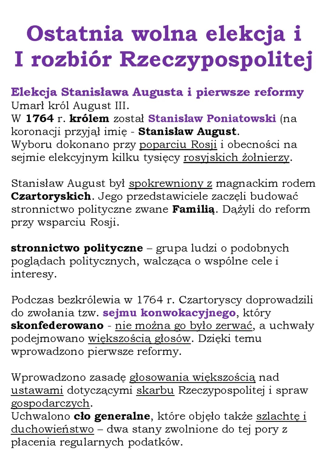 Ostatnia wolna elekcja i reformy króla Stanisława Augusta Poniatowskiego