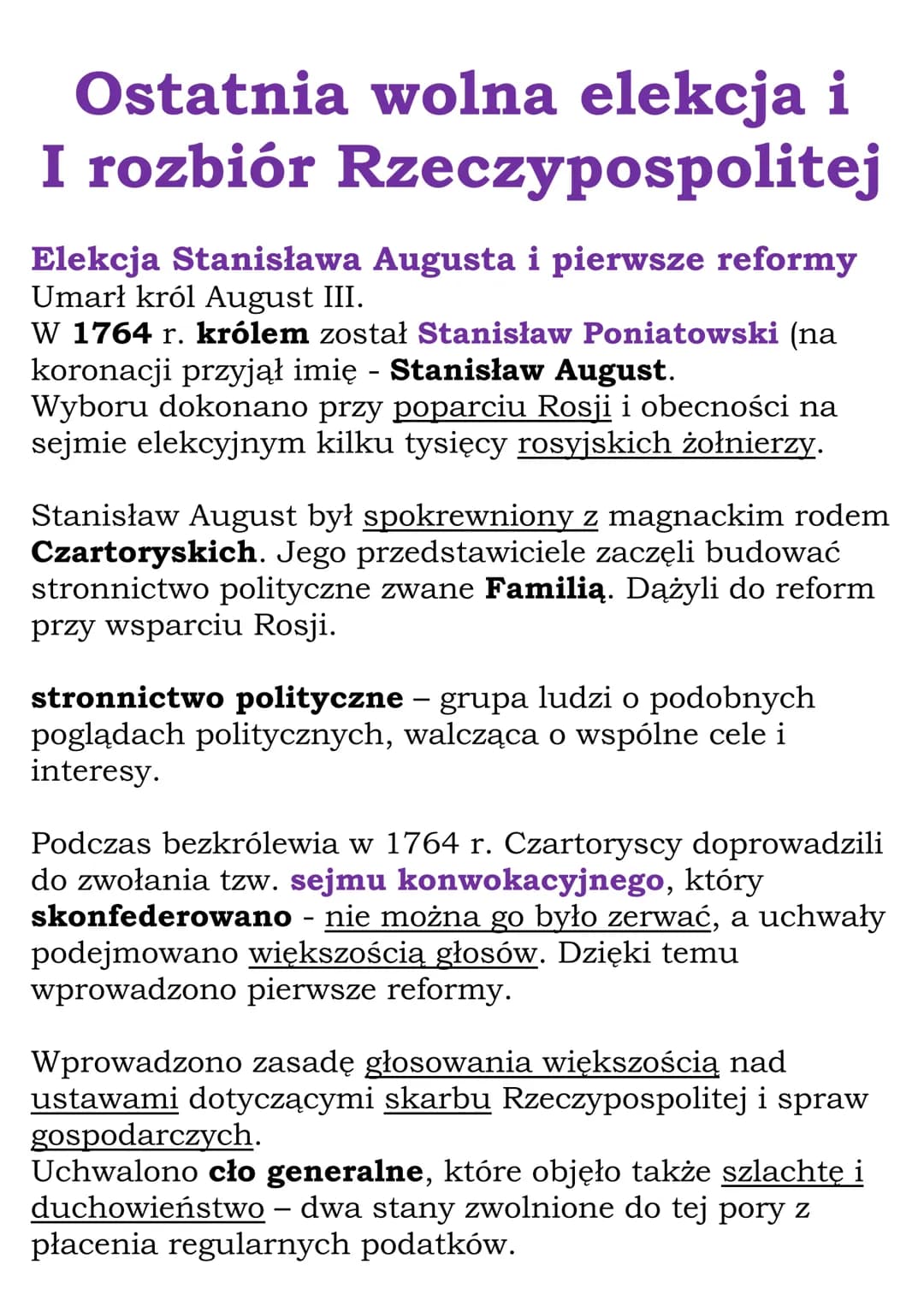 Ostatnia wolna elekcja i
I rozbiór Rzeczypospolitej
Elekcja Stanisława Augusta i pierwsze reformy
Umarł król August III.
W 1764 r. królem zo