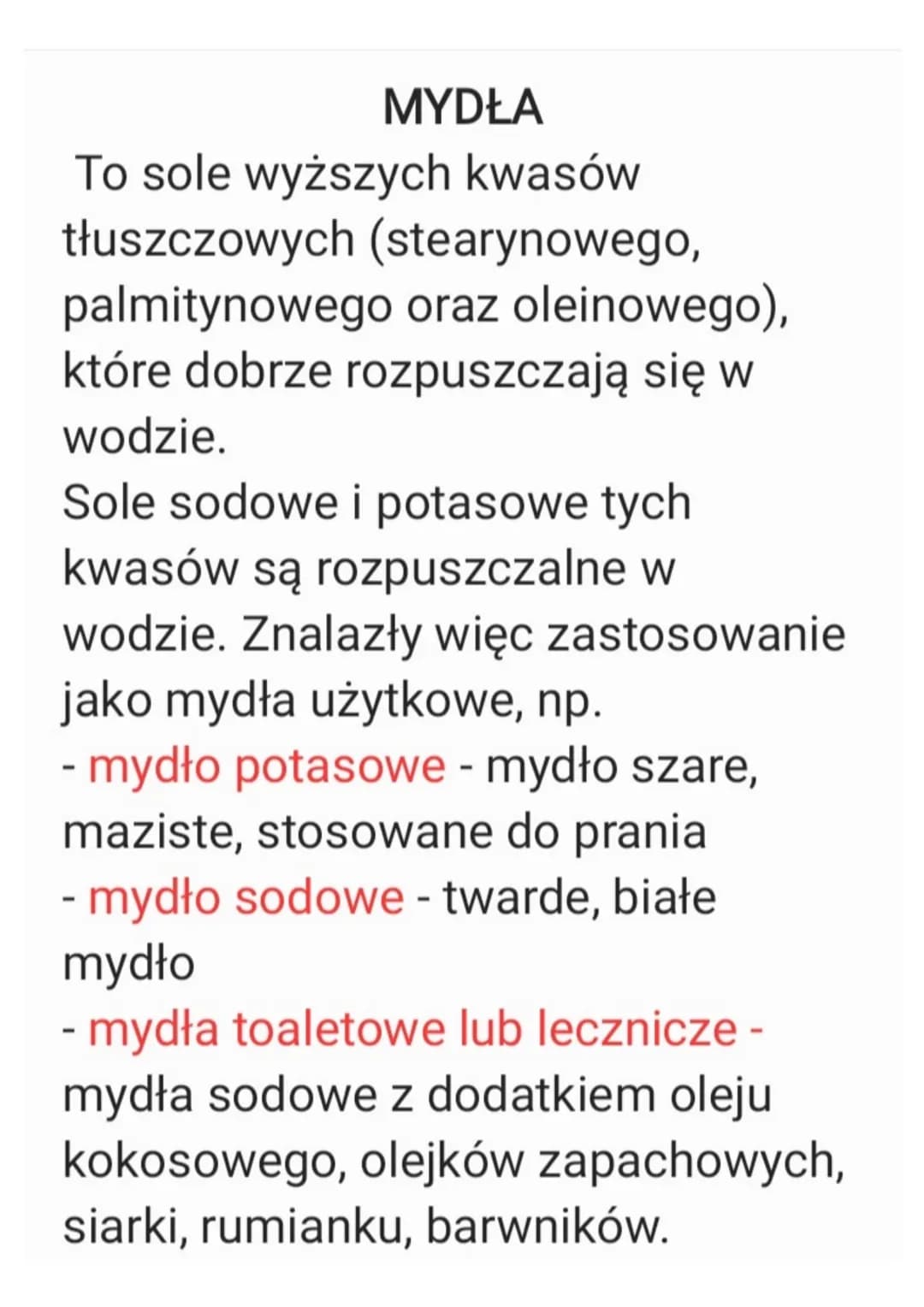 MYDŁA
To sole wyższych kwasów
tłuszczowych (stearynowego,
palmitynowego oraz oleinowego),
które dobrze rozpuszczają się w
wodzie.
Sole sodow