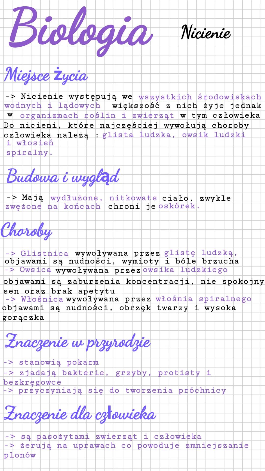 Biologia
Miejsce życia
-> Nicienie występują we wszystkich środowiskach
wodnych i lądowych większość z nich żyje jednak
w organizmach roślin