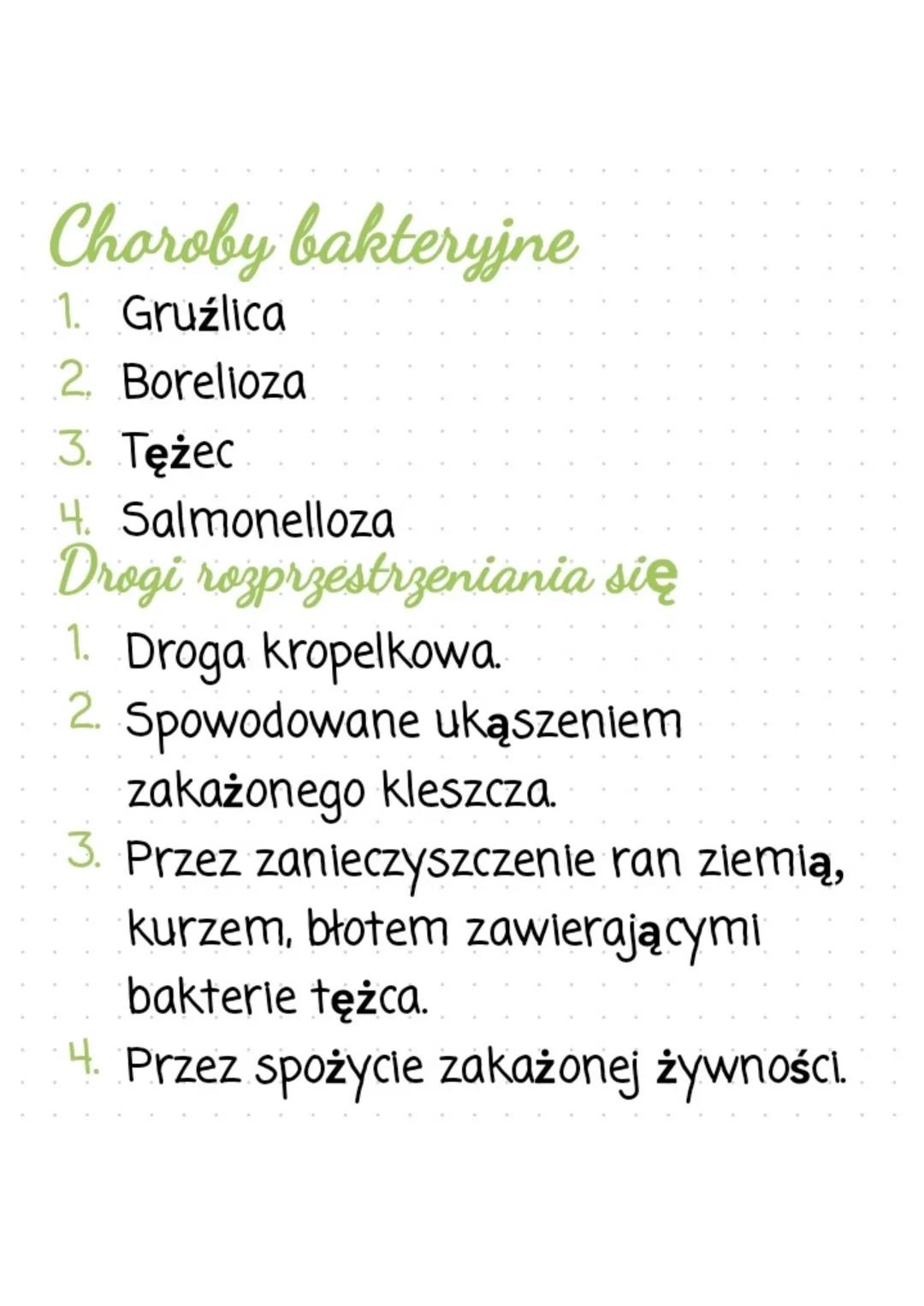 Choroby bakteryjne
1. Gruźlica
2. Borelioza
3. Tężec
4. Salmonelloza
Drogi rozprzestrzeniania się
1. Droga kropelkowa.
2. Spowodowane ukąsze