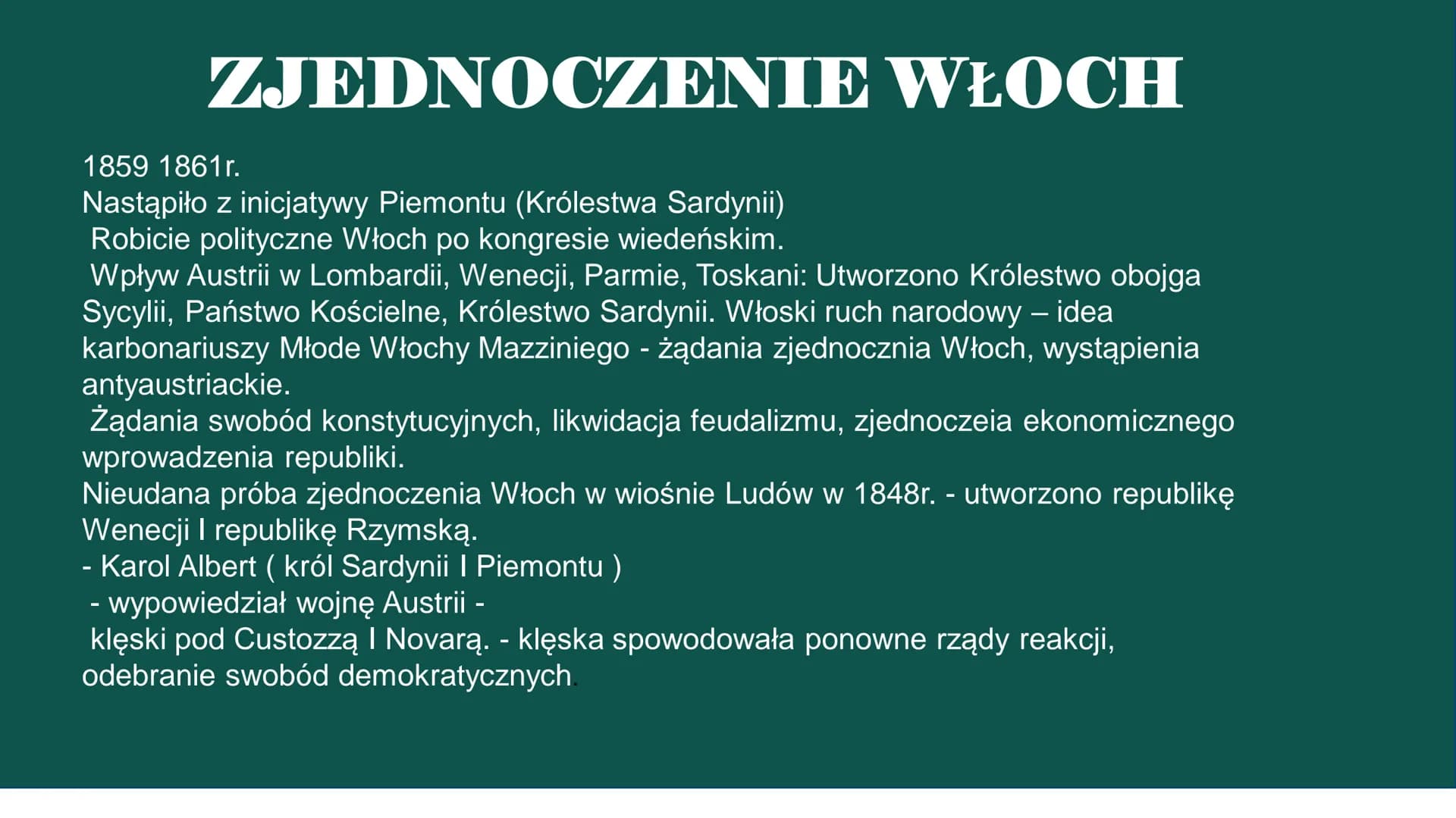 Zjednoczenie
Włoch
I Niemiec ZJEDNOCZENIE WŁOCH
1859 1861r.
Nastąpiło z inicjatywy Piemontu (Królestwa Sardynii)
Robicie polityczne Włoch po