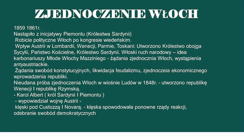 Zjednoczenie
Włoch
I Niemiec ZJEDNOCZENIE WŁOCH
1859 1861r.
Nastąpiło z inicjatywy Piemontu (Królestwa Sardynii)
Robicie polityczne Włoch po