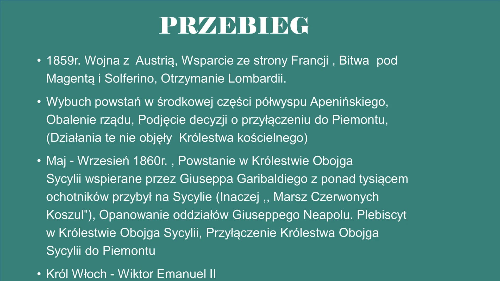 Zjednoczenie
Włoch
I Niemiec ZJEDNOCZENIE WŁOCH
1859 1861r.
Nastąpiło z inicjatywy Piemontu (Królestwa Sardynii)
Robicie polityczne Włoch po
