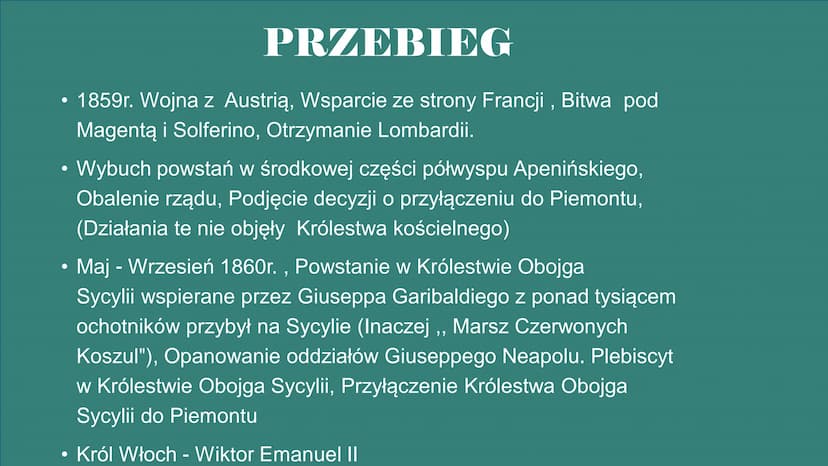 Zjednoczenie
Włoch
I Niemiec ZJEDNOCZENIE WŁOCH
1859 1861r.
Nastąpiło z inicjatywy Piemontu (Królestwa Sardynii)
Robicie polityczne Włoch po