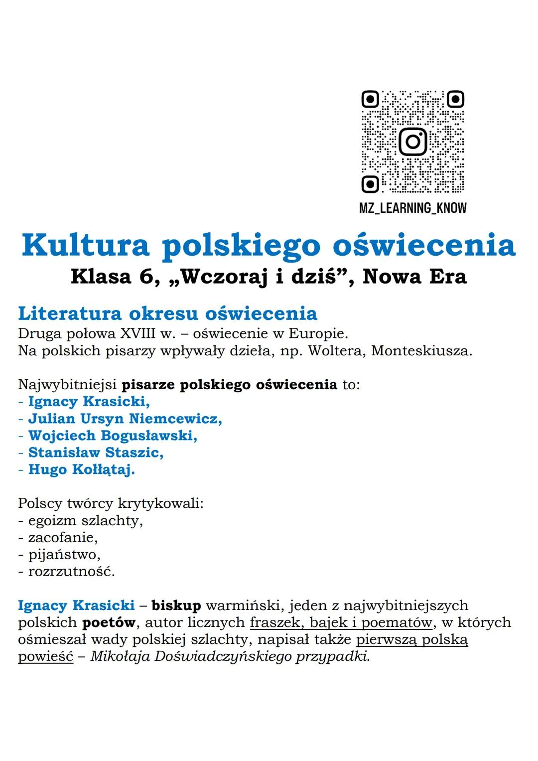 MZ_LEARNING_KNOW

# Kultura polskiego oświecenia
## Klasa 6, „Wczoraj i dziś", Nowa Era

### Literatura okresu oświecenia

*   Druga połowa 