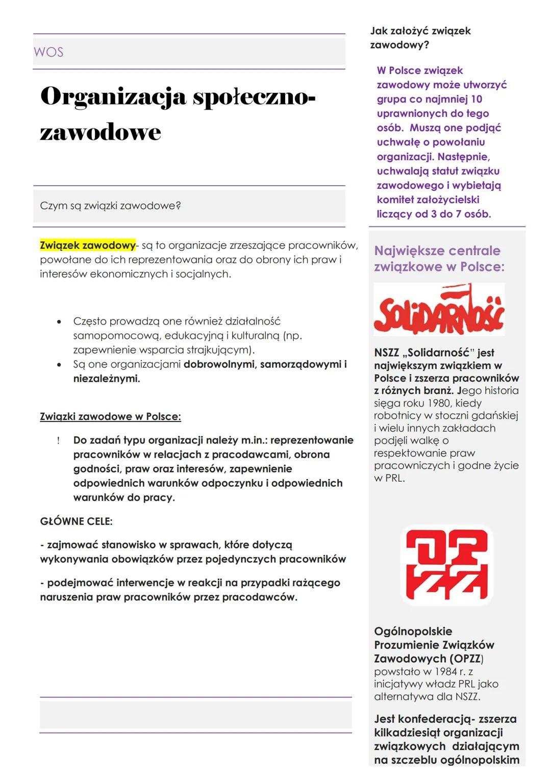 WOS
Organizacja społeczno-
zawodowe
Czym są związki zawodowe?
Związek zawodowy- są to organizacje zrzeszające pracowników,
powołane do ich r