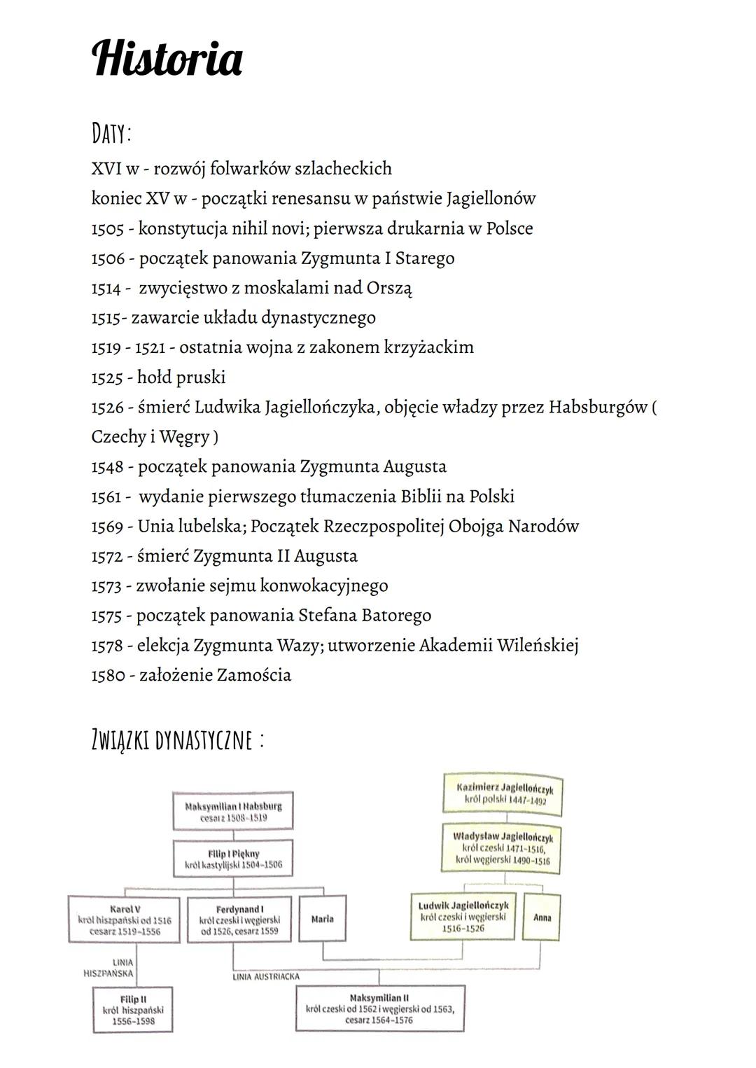 Historia
DATY:
XVI w - rozwój folwarków szlacheckich
koniec XV w - początki renesansu w państwie Jagiellonów
1505 - konstytucja nihil novi; 