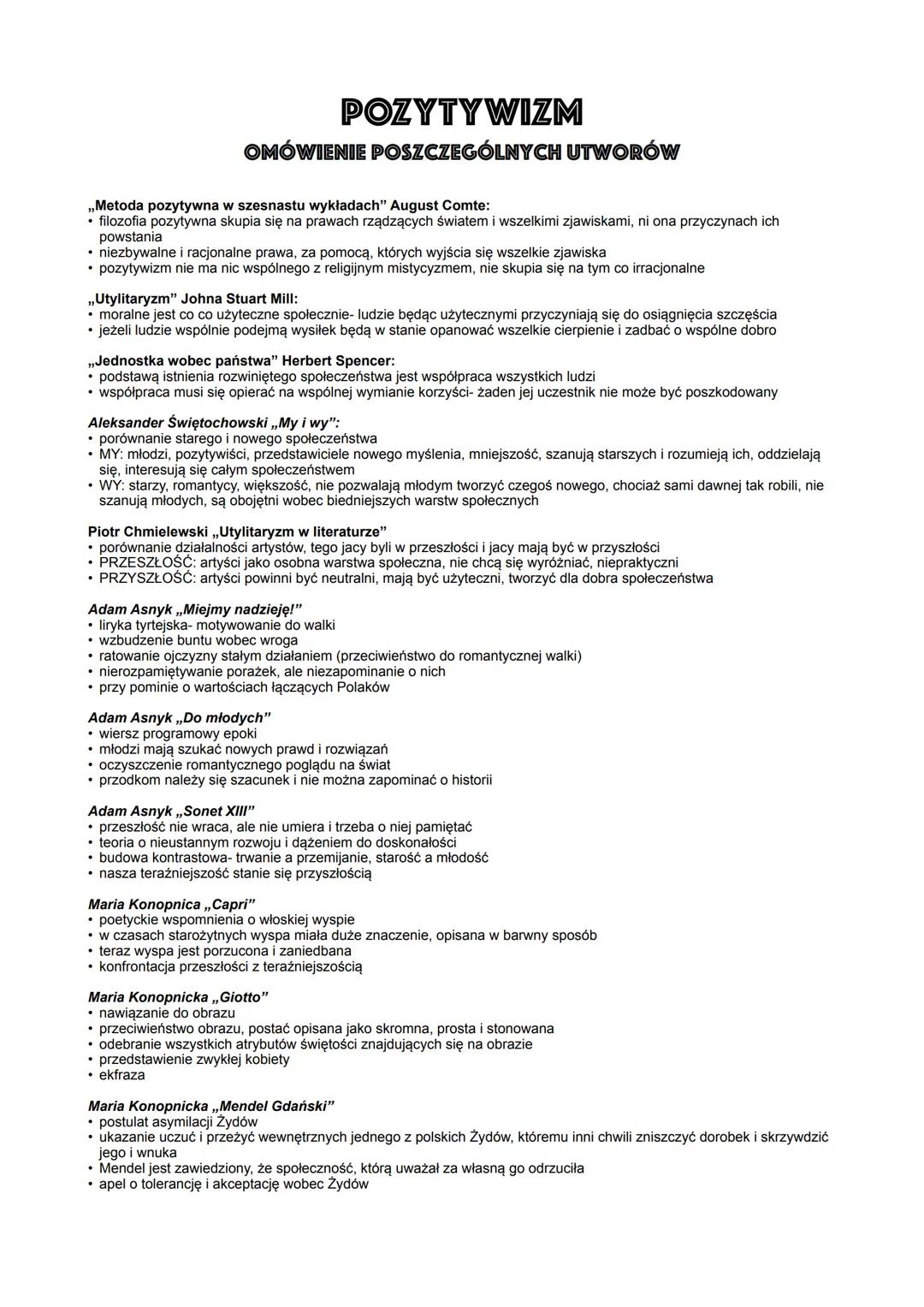 POZYTYWIZM
OMÓWIENIE POSZCZEGÓLNYCH UTWORÓW
,,Metoda pozytywna w szesnastu wykładach" August Comte:
• filozofia pozytywna skupia się na praw