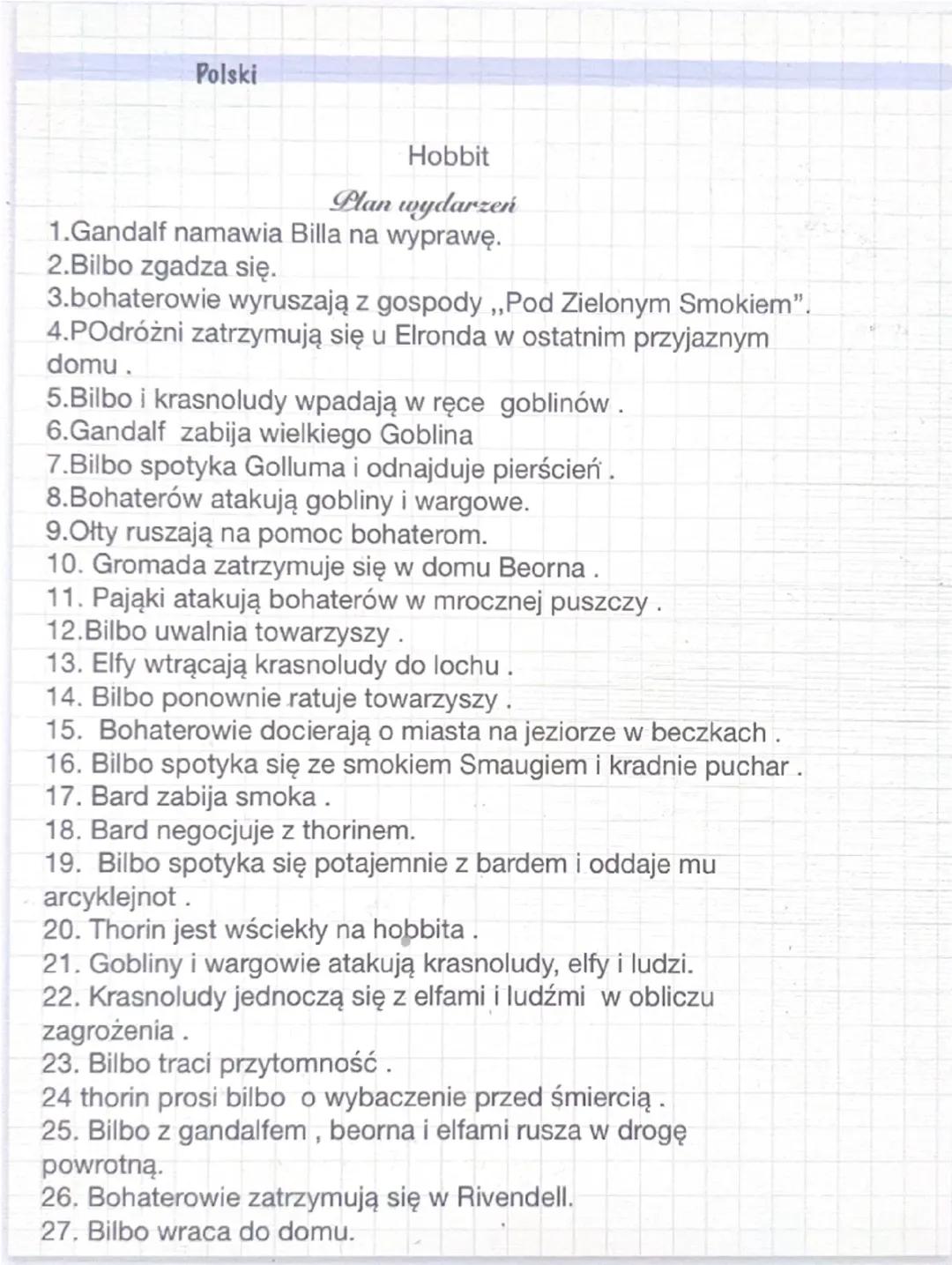 Polski
Hobbit
Plan wydarzeń
1.Gandalf namawia Billa na wyprawę.
2.Bilbo zgadza się.
3.bohaterowie wyruszają z gospody,, Pod Zielonym Smokiem