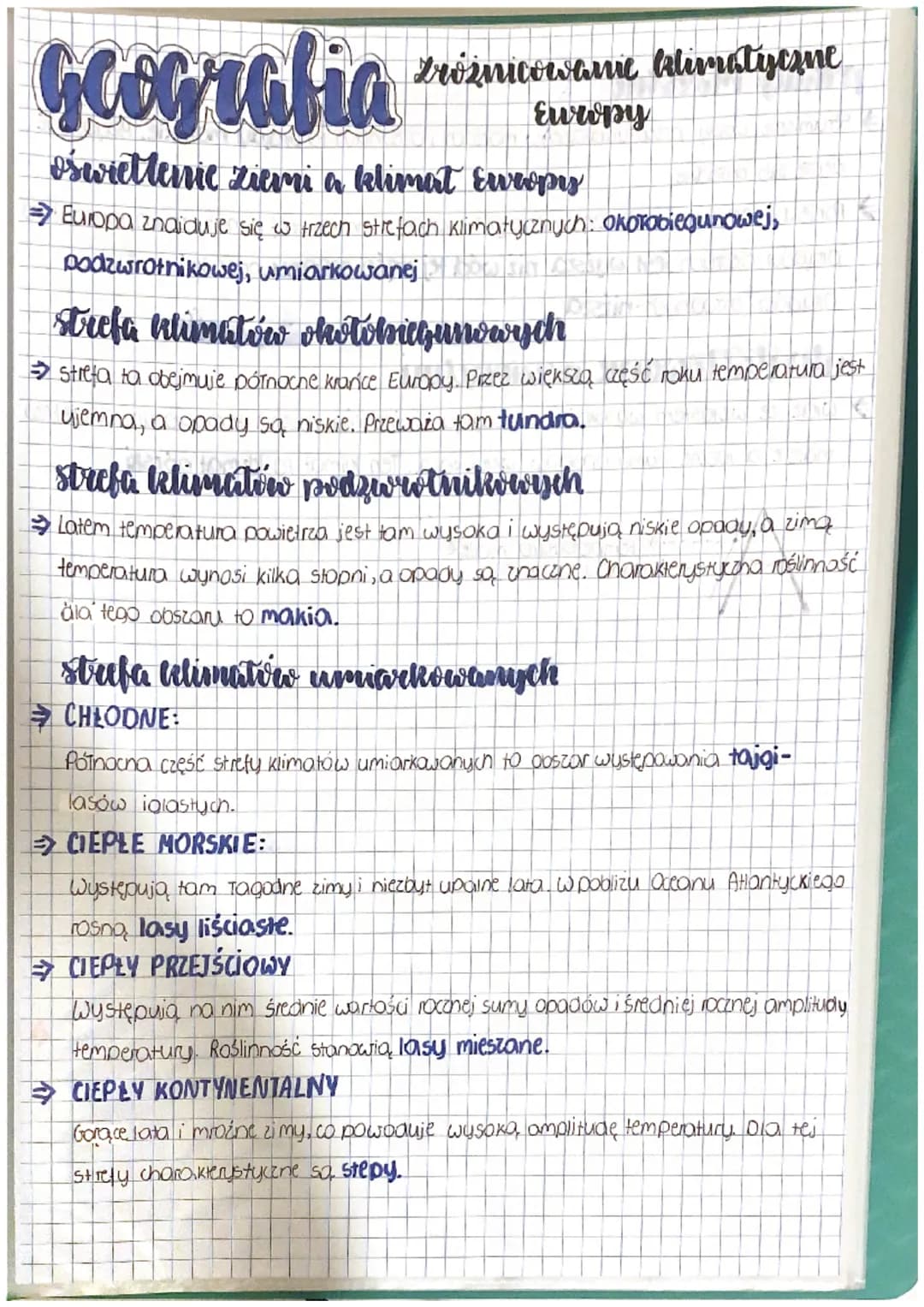 TH
Dróżnicowane klimatycane
Europy
gcografia
oświettenic ziemi a klimat Europis
→ Europa znaiduje się w trzech strefach klimatycznych: około