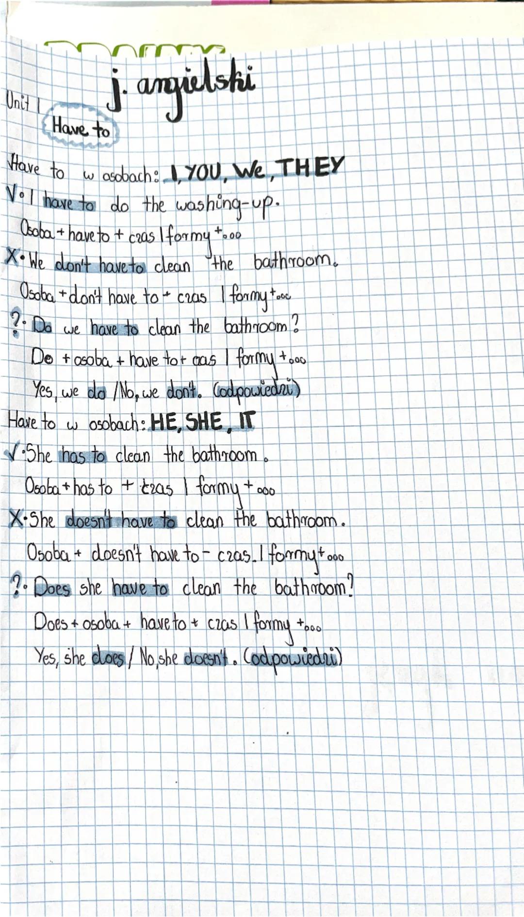 j. angielski

Unit
Have to

Have to w osobach: 1,YOU, We, THEY

VoI have to do the washing-up.
Osoba + have to + czas I formy +000

X. We do