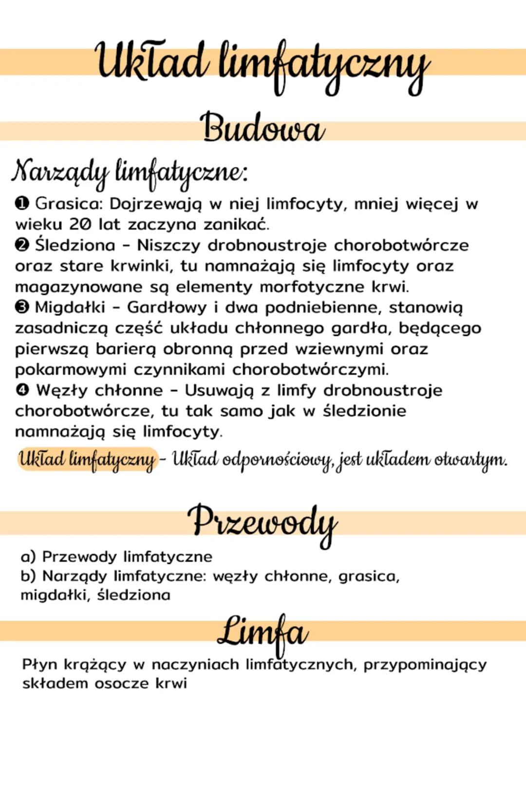 Układ limfatyczny
Budowa
Narządy limfatyczne:
1 Grasica: Dojrzewają w niej limfocyty, mniej więcej w
wieku 20 lat zaczyna zanikać.
2 Śledzio