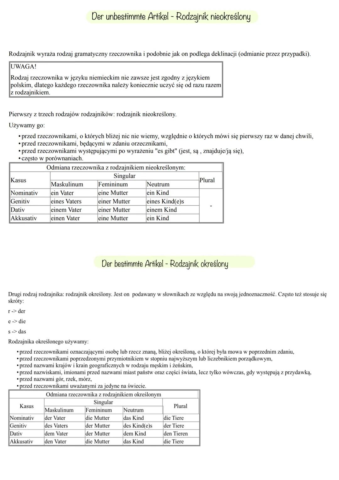 # Der unbestimmte Artikel - Rodzajnik nieokreślony

Rodzajnik wyraża rodzaj gramatyczny rzeczownika i podobnie jak on podlega deklinacji (od